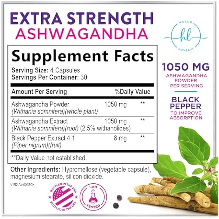 Hello Lovely! Ashwagandha Supplements for Women - Max Absorption with Black Pepper Extract - Extra Strength Ashwagandha Capsules with Plant Powder & Root Extract - Non-GMO, USA Bottled - 120 Vegetarian Capsules - Image 2