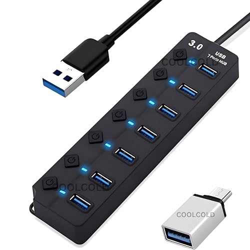VIBOTON USB Hub with Type c OTG Dongle, USB Hub 7 Ports, 1 x 3.0 Port Cable Side, and 6 x 2.0 Ports, Hub for Laptop, 7-Port Hub with Individual Switches and Lights, High Speed Hub (Black) Cable - 30CM - Image 1