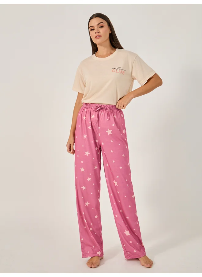 Styli Styli Unwind Printed Pajama Set with Round Neck T-Shirt