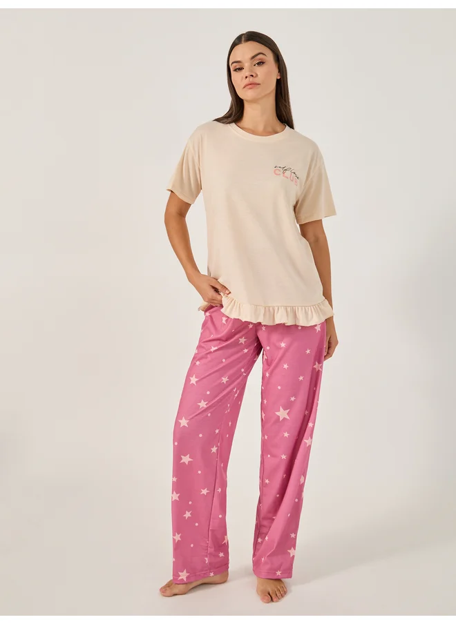 Styli Styli Unwind Printed Pajama Set with Round Neck T-Shirt
