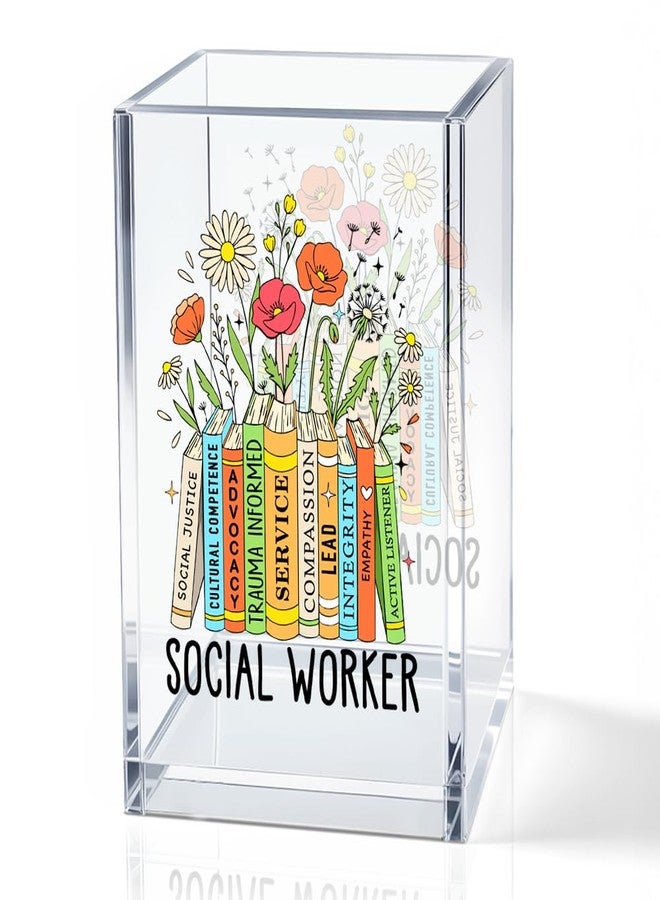 QYUVK Social Worker Acrylic Cosmetic Pencil Holder Cup, Floral Books Pen Holder for Office Desk Accessories for Social Worker, Social Work Appreciation Gifts, Marker Holder, Funny MSW Thank You Gifts - Image 1