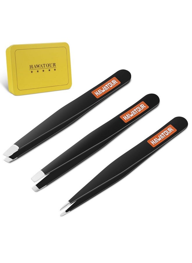HAWATOUR HAWATOUR Tweezers Set 3Pcs, Precision Stainless Steel Eyebrow Tweezers for Eyebrow Hair Facial Hair Removal, Splinter, Blackhead, Black  - Image 1