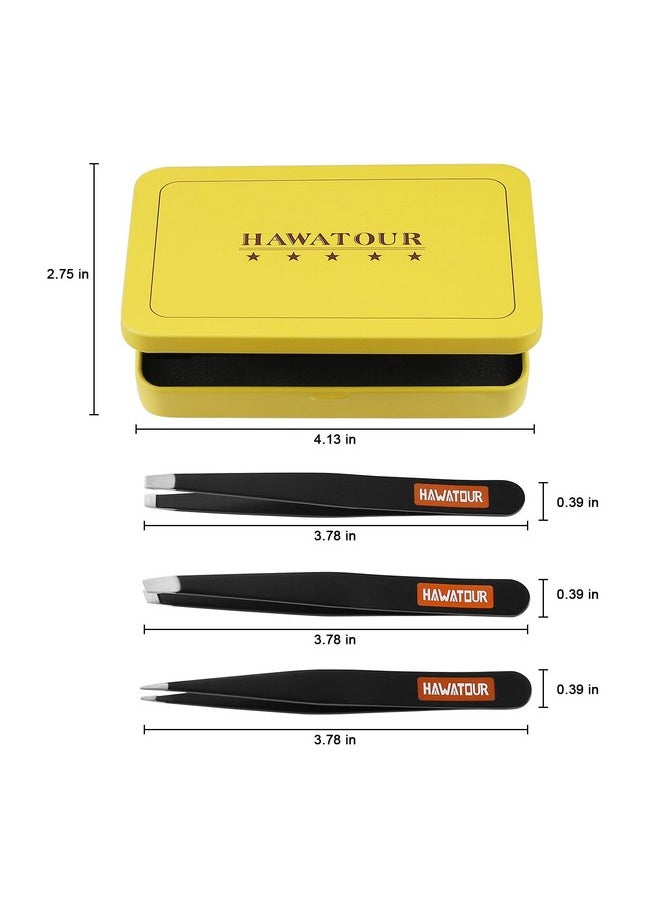 HAWATOUR HAWATOUR Tweezers Set 3Pcs, Precision Stainless Steel Eyebrow Tweezers for Eyebrow Hair Facial Hair Removal, Splinter, Blackhead, Black  - Image 2