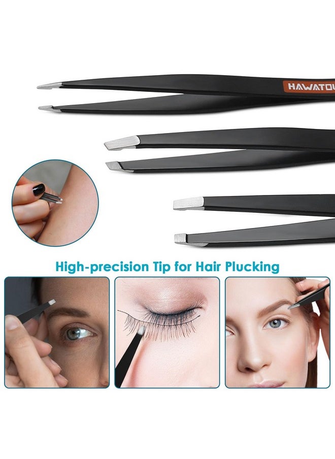 HAWATOUR HAWATOUR Tweezers Set 3Pcs, Precision Stainless Steel Eyebrow Tweezers for Eyebrow Hair Facial Hair Removal, Splinter, Blackhead, Black  - Image 4