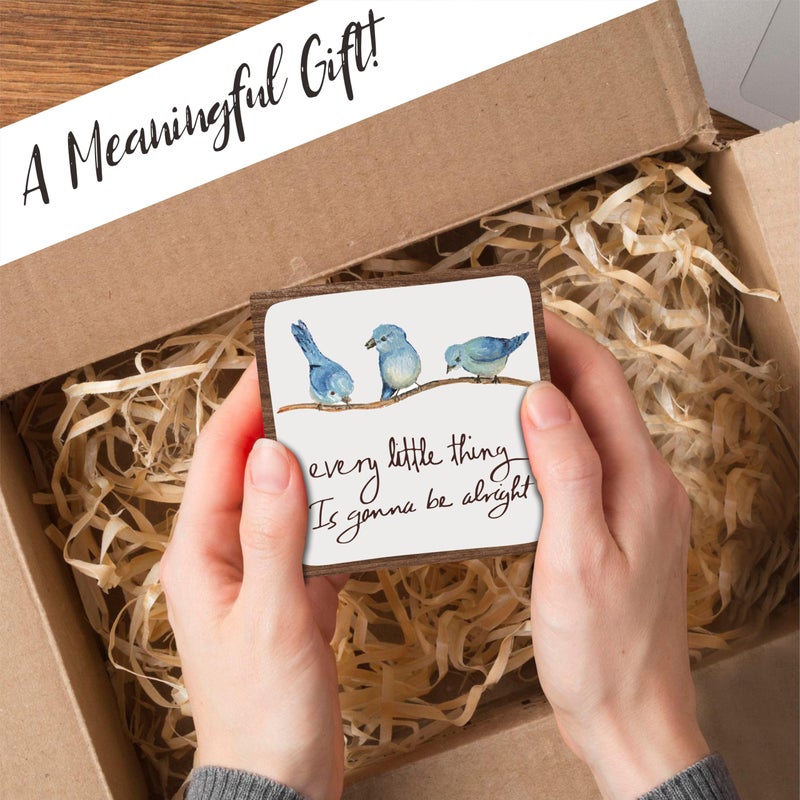 Tabyon Every Little Thing Is Gonna Be Alright - 4" Wooden Sign With A Metal Support -Watercolor Adorable Birds, Positive Quotes Wooden Plaque Desk Decor, Uplifting Gifts, Home Decorations & Gifts - Image 4