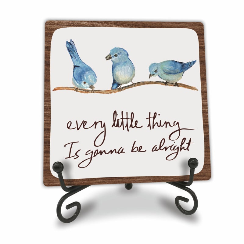 Tabyon Every Little Thing Is Gonna Be Alright - 4" Wooden Sign With A Metal Support -Watercolor Adorable Birds, Positive Quotes Wooden Plaque Desk Decor, Uplifting Gifts, Home Decorations & Gifts - Image 1