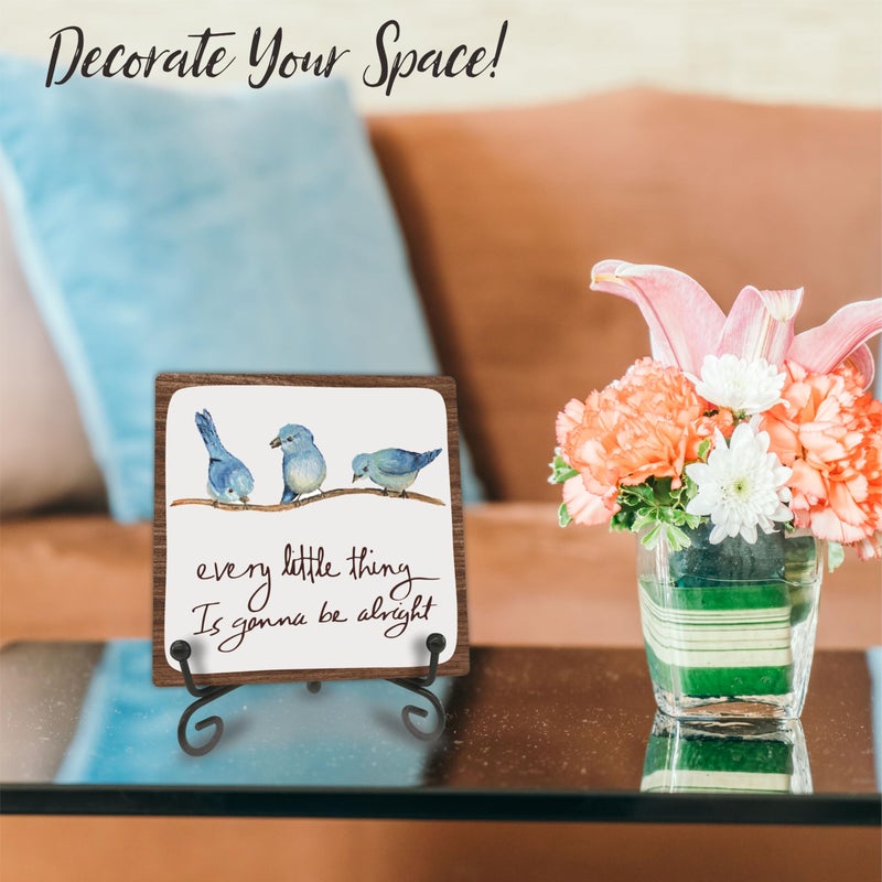 Tabyon Every Little Thing Is Gonna Be Alright - 4" Wooden Sign With A Metal Support -Watercolor Adorable Birds, Positive Quotes Wooden Plaque Desk Decor, Uplifting Gifts, Home Decorations & Gifts - Image 3