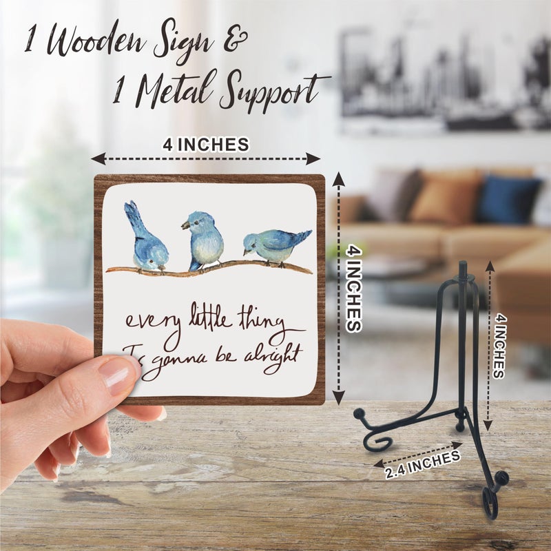 Tabyon Every Little Thing Is Gonna Be Alright - 4" Wooden Sign With A Metal Support -Watercolor Adorable Birds, Positive Quotes Wooden Plaque Desk Decor, Uplifting Gifts, Home Decorations & Gifts - Image 2
