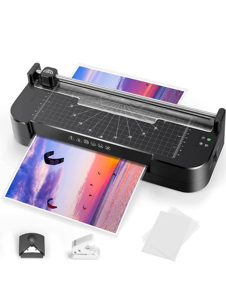 Laminator Machine with 15pcs Laminating Sheets, Hot and Cold Laminator Machine with Paper Cutter Corner Rounder Hole Punch, Photo Laminator for Home Office School