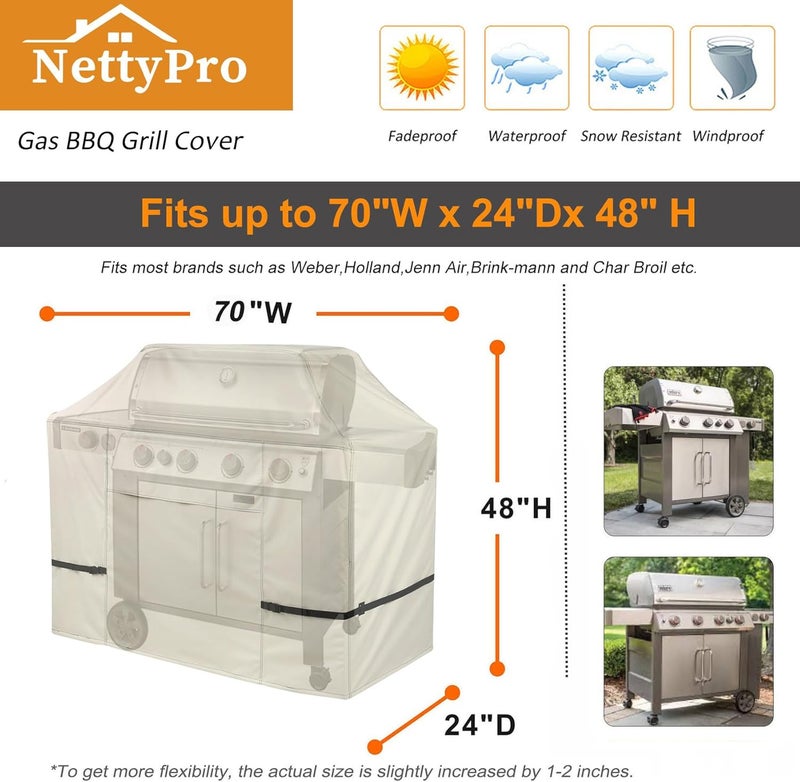 NettyPro غطاء شواية ، مقاس 70 بوصة، مقاوم للماء، عالي الجودة، مناسب لأجهزة Weber، Char-Broil، Nexgrill ذات 3-5 مواقد، بلون بيج. - Image 5