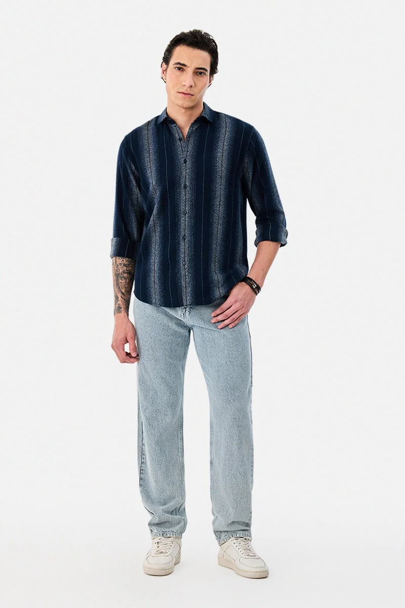 SNITCH Navy Striped Long Sleeve Regular Fit Shirt