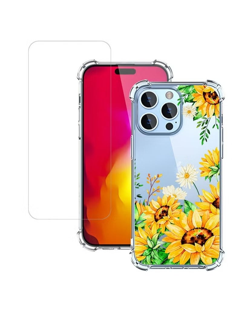 X-level iPhone 15 Pro Case Transparent Mobile Phone Back Flowers Pattern Four Corner Shockproof Protective Camera Protection Funtion With 1 Screen Film Tempered Glass Cover Protector For Women Girl  - Image 1