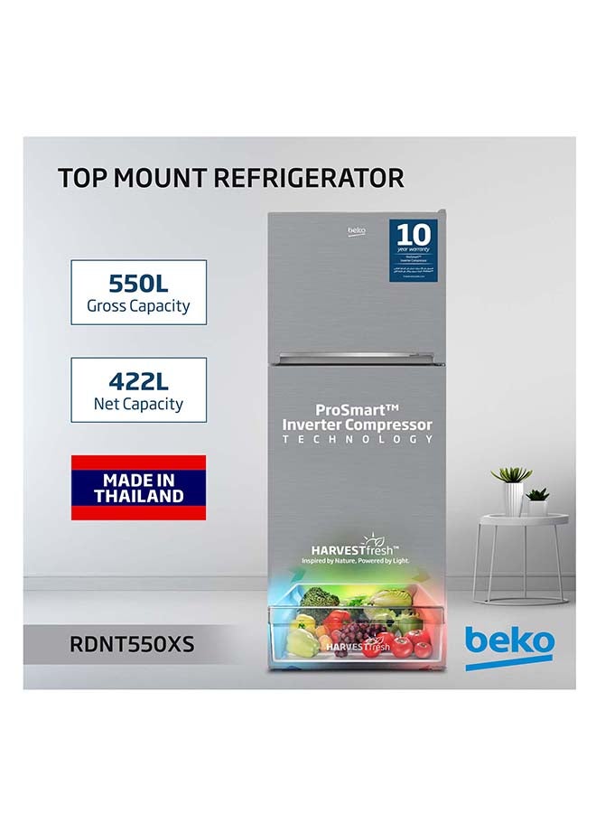 Beko Refrigerator 550 Liters Gross(422 Net) Capacity, Double Door, Top Mount, No Frost, Harvest Fresh Technology, NeoFrost Dual Cooling, Low Noise, CoolRoom, 10 Years Warranty on ProSmart Inverter Compressor 550 L 130 W RDNT550XS Grey/Brushed Silver - Image 2
