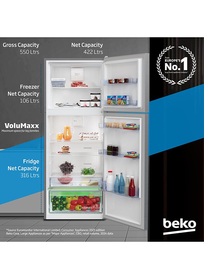 Beko Refrigerator 550 Liters Gross(422 Net) Capacity, Double Door, Top Mount, No Frost, Harvest Fresh Technology, NeoFrost Dual Cooling, Low Noise, CoolRoom, 10 Years Warranty on ProSmart Inverter Compressor 550 L 130 W RDNT550XS Grey/Brushed Silver - Image 3