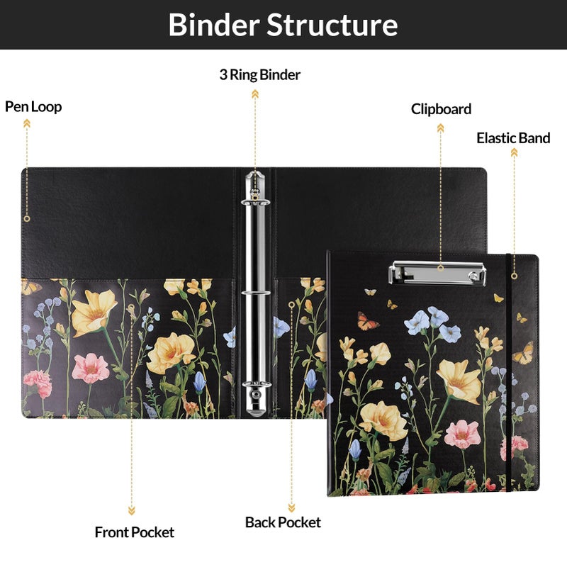 SKYDUE 1 Inch 3-Ring Binder with Clipboard, PU Aesthetic Binder with 5 Dividers, Notepad, Stickers & Pockets for Work and School (Letter Size) - Image 5