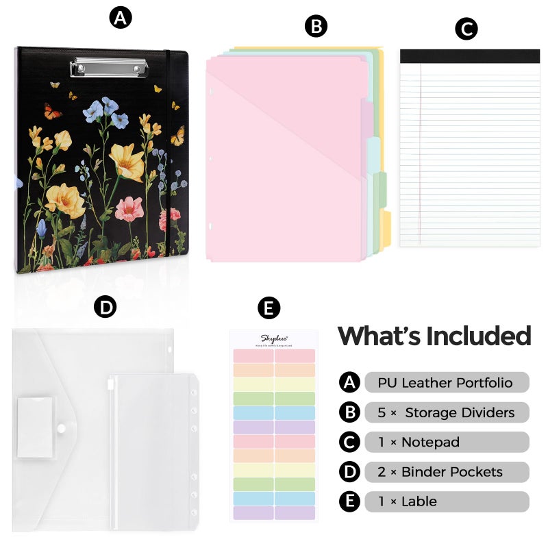 SKYDUE 1 Inch 3-Ring Binder with Clipboard, PU Aesthetic Binder with 5 Dividers, Notepad, Stickers & Pockets for Work and School (Letter Size) - Image 3