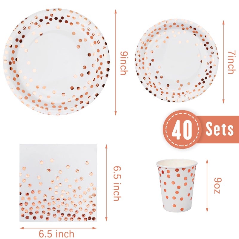 Lzerking Party Supplies Set - 280 Pieces of White and Rose Gold Dot Paper Plates  Cups  Napkins  and Heavy Duty Silverware for 40 Guests for Birthdays  Graduation  Wedding  Festivals - Image 1