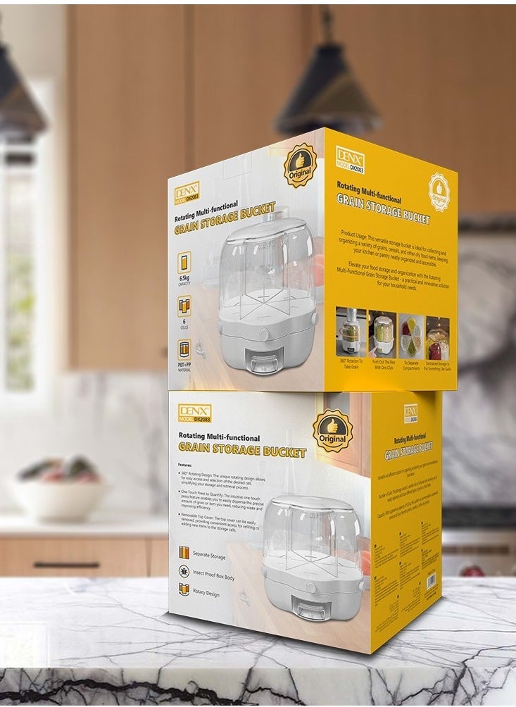 Denx Dinex Multifunctional Rotating Grain Storage Bucket, 6-Compartment Dry Food Container With 360° Rotation, Transparent Design And Moisture-Proof Storage For Rice, Grains, Nuts, Pasta, Dx2083 - Image 3