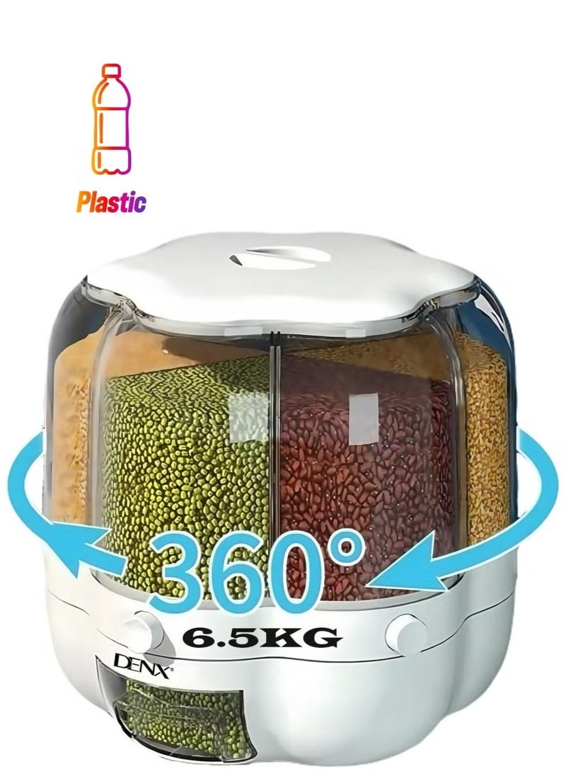 Denx Dinex Multifunctional Rotating Grain Storage Bucket, 6-Compartment Dry Food Container With 360° Rotation, Transparent Design And Moisture-Proof Storage For Rice, Grains, Nuts, Pasta, Dx2083 - Image 4
