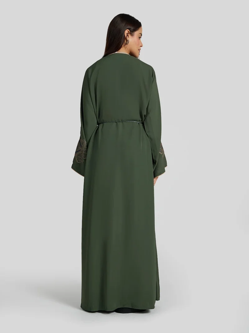 Reem Abayas  Forest Green Traditional Embroidered Abaya - Modest Tassel Kaftan for Women | Best Price UAE