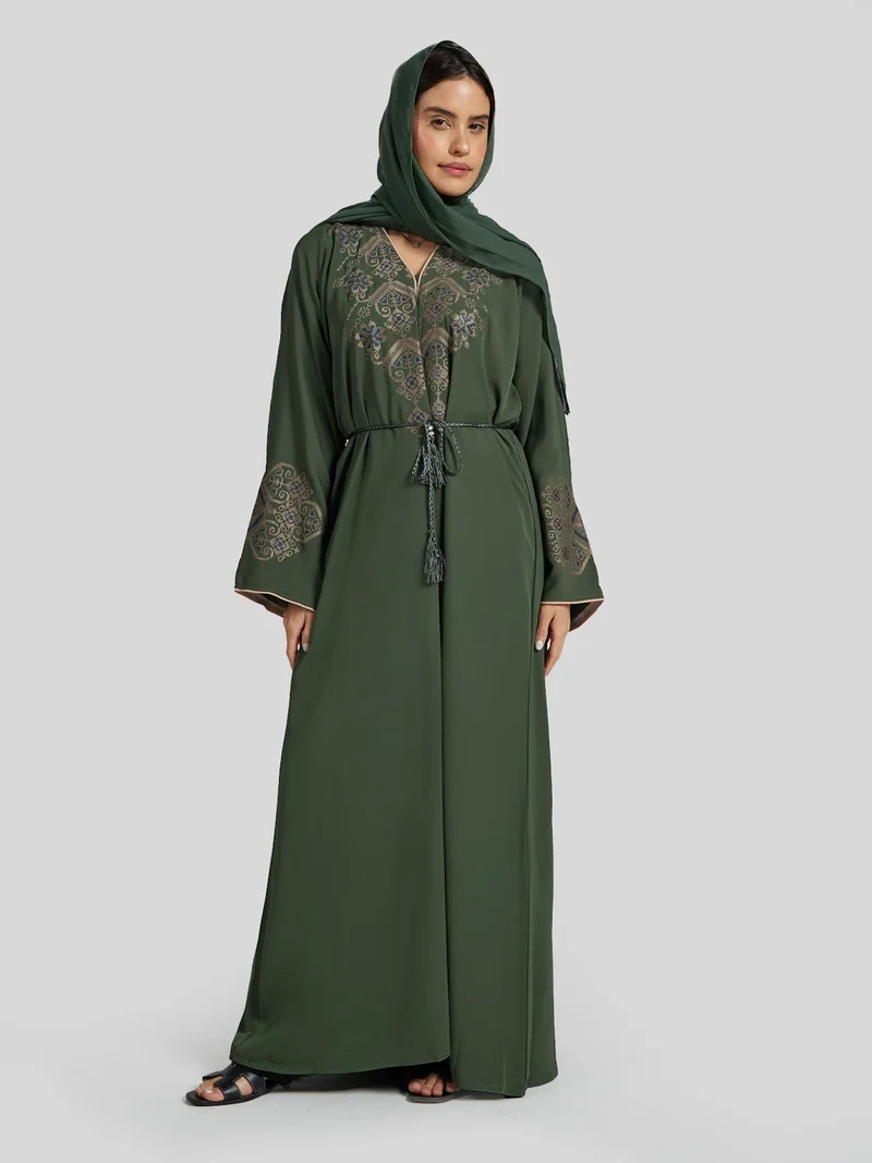 Reem Abayas Forest Green Traditional Embroidered Abaya - Modest Tassel Kaftan