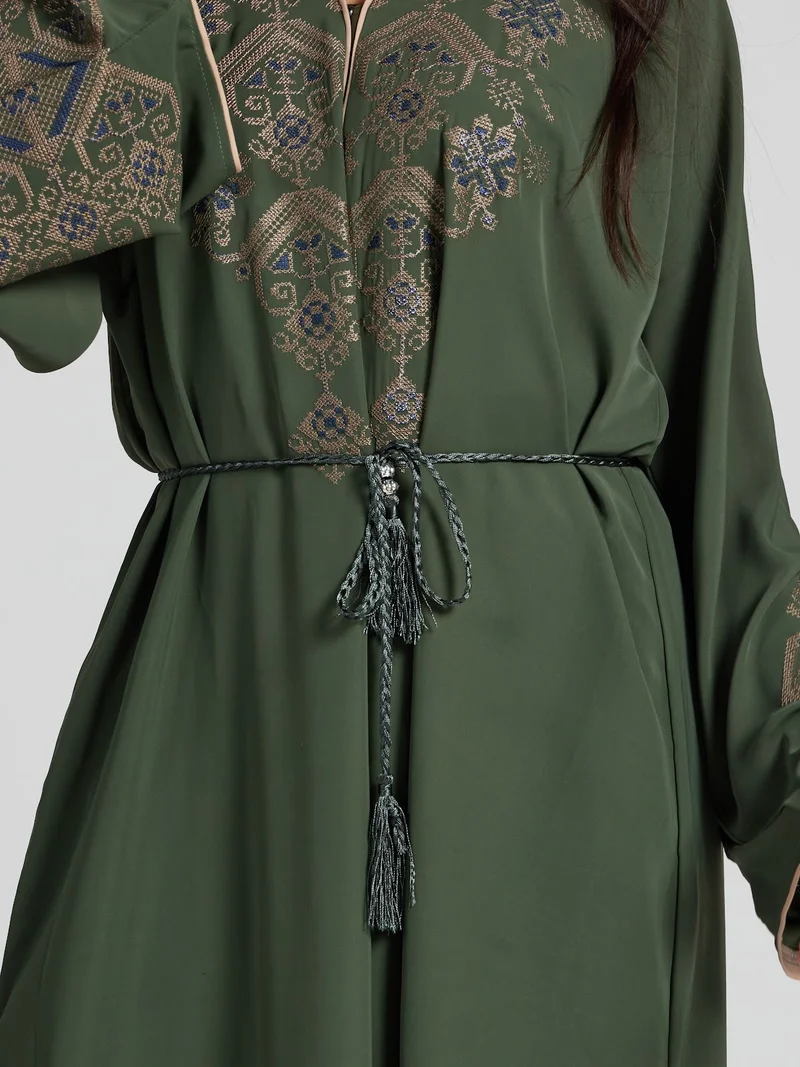 Reem Abayas  Forest Green Traditional Embroidered Abaya - Modest Tassel Kaftan for Women | Best Price UAE