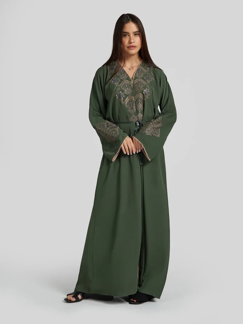 Reem Abayas Forest Green Traditional Embroidered Abaya - Modest Tassel Kaftan