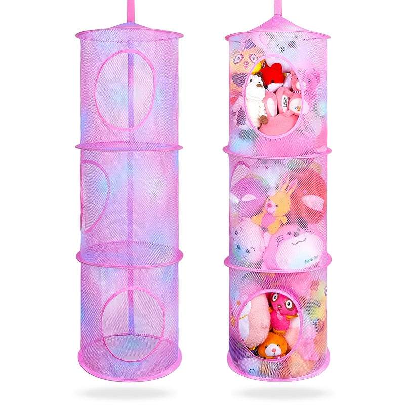 Basumee Stuffed Animals Net or Hammock 2 Pcs Stuffed Animals Storage Toy Net Hammock for Plushies Storage Organizer Mesh Kids Girls Room Decor Pink 3 Tiers