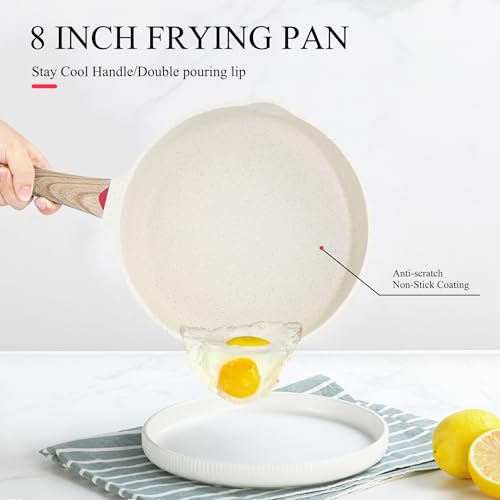 Vinchef 8 Inch White Nonstick Skillet, French Cream Shallow Fry Pan, Induction Compatible, Scratch-Resistant Ceramic Coating - Image 2