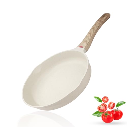 Vinchef 8 Inch White Nonstick Skillet, French Cream Shallow Fry Pan, Induction Compatible, Scratch-Resistant Ceramic Coating - Image 1