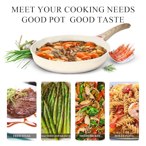 Vinchef 8 Inch White Nonstick Skillet, French Cream Shallow Fry Pan, Induction Compatible, Scratch-Resistant Ceramic Coating - Image 4