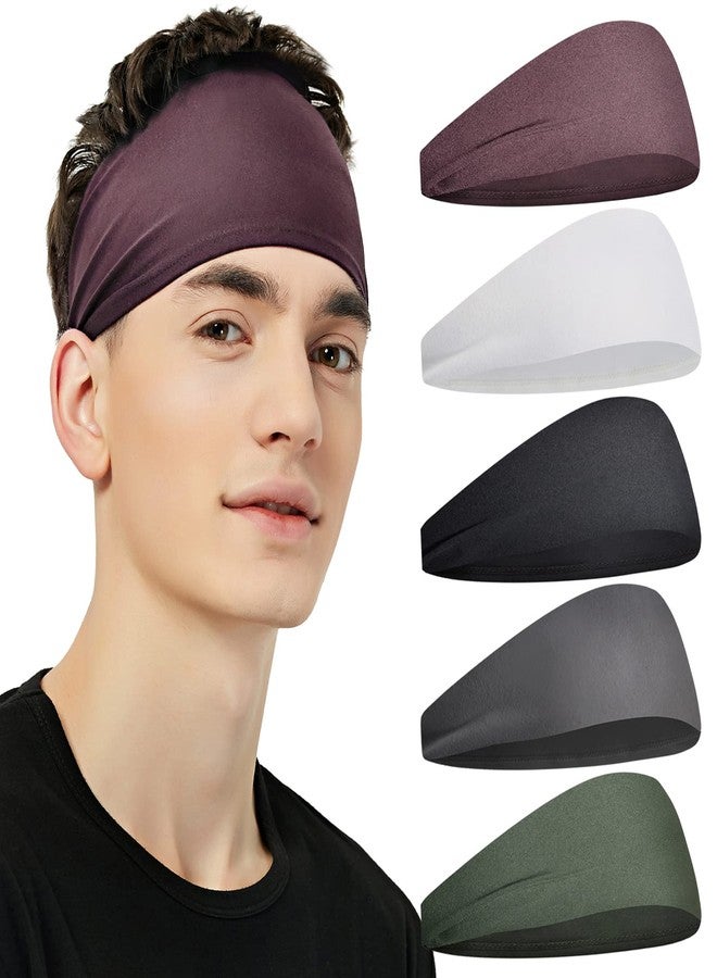 Pilamor Sports Headbands for Men (5 Pack),Moisture Wicking Workout Headband, Sweatband Headbands for Running,Cycling,Football,Yoga,Hairband for Women and Men (White, Brown, Dark Gray, Black, Green) - Image 1