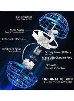 Festive Gallery Flying Ball Toy, Globe 360°Rotating Hand Controlled Flying Orb Ball Toys Magic Led Lights Controller Mini Drone Flying Toy Boomerang Fly Spinners for Kids Adults Indoor Outdoor 10.4x10.2x10.2cm (Blue)  - Image 3