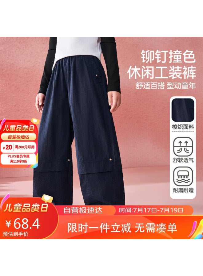 Ask Junior Girls' Autumn Rivet Workwear Straight Pants Sports Casual Long Pants Navy Blue 120 - Image 1