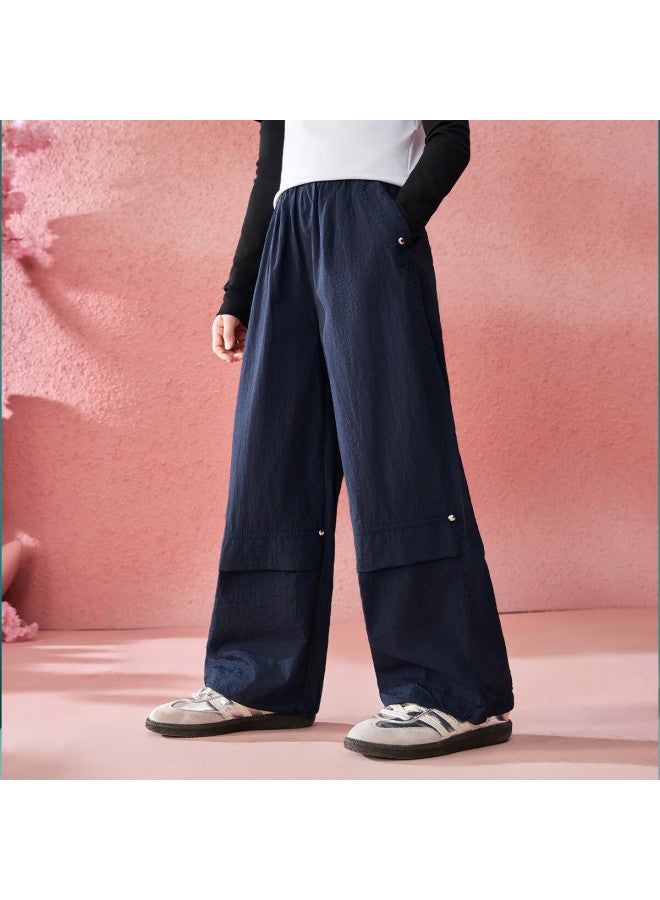 Ask Junior Girls' Autumn Rivet Workwear Straight Pants Sports Casual Long Pants Navy Blue 120 - Image 3