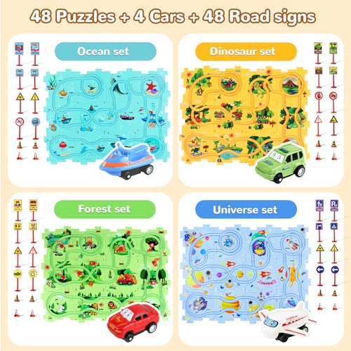 YOOYID Puzzle Racer Kids Car Track Set Kids Toys Boys 35 Toys for 3 4 5 6 Year Old Boys Toys for Ages 34 Montessori Toys for 3 Year Old Fat Brain Toys100Pcs 4 Themes - Image 5
