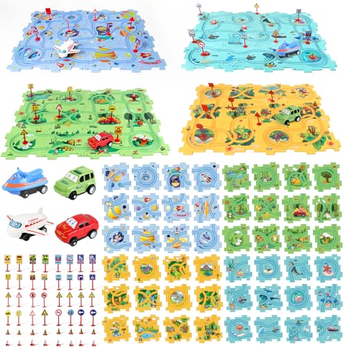 YOOYID Puzzle Racer Kids Car Track Set Kids Toys Boys 35 Toys for 3 4 5 6 Year Old Boys Toys for Ages 34 Montessori Toys for 3 Year Old Fat Brain Toys100Pcs 4 Themes - Image 1