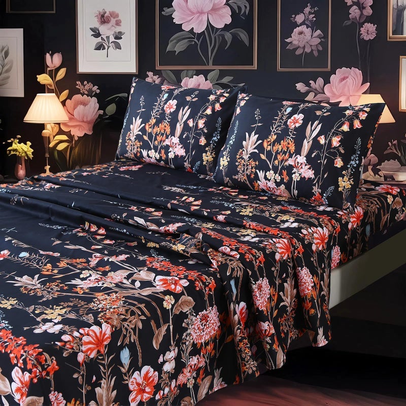 MAG 4Pcs Black Pink Floral Sheets Queen,Floral Queen Sheet Set,Floral Bedding Sheet Set,Flower,Boho,Soft and Breathable,Wrinkle and Fade Resistant. - Image 1