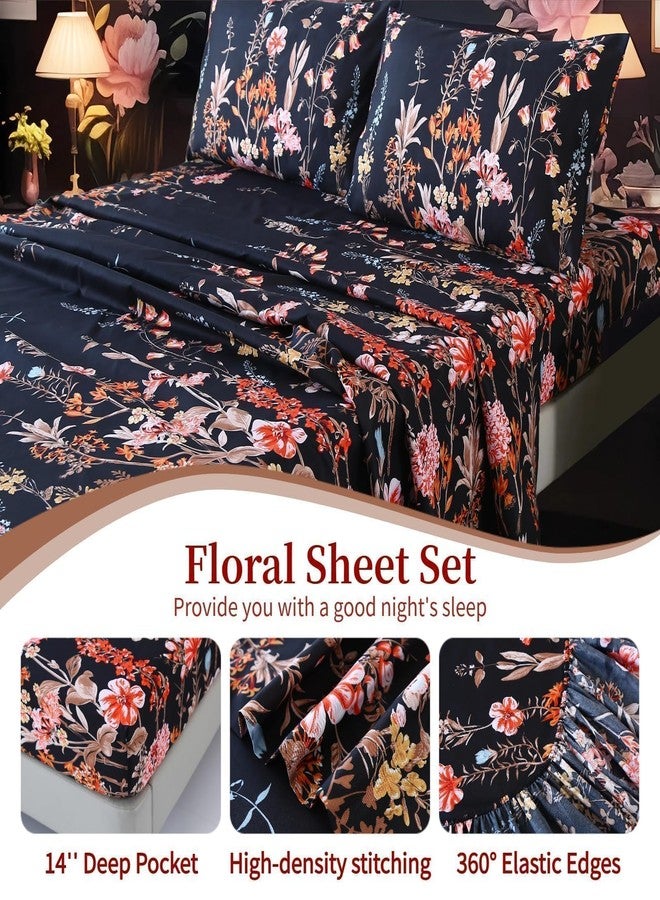 MAG 4Pcs Black Pink Floral Sheets Queen,Floral Queen Sheet Set,Floral Bedding Sheet Set,Flower,Boho,Soft and Breathable,Wrinkle and Fade Resistant. - Image 2