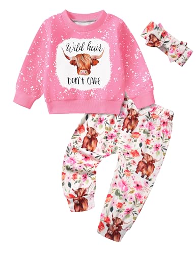 ADIFUN Baby Girl Clothes 1824 Months Girl Clothing Fall Winter Outfits Wild Hair Dont Care Highland Cow Pink Sweatshirt Flower Pants Western Cowgirl Outfit - Image 1