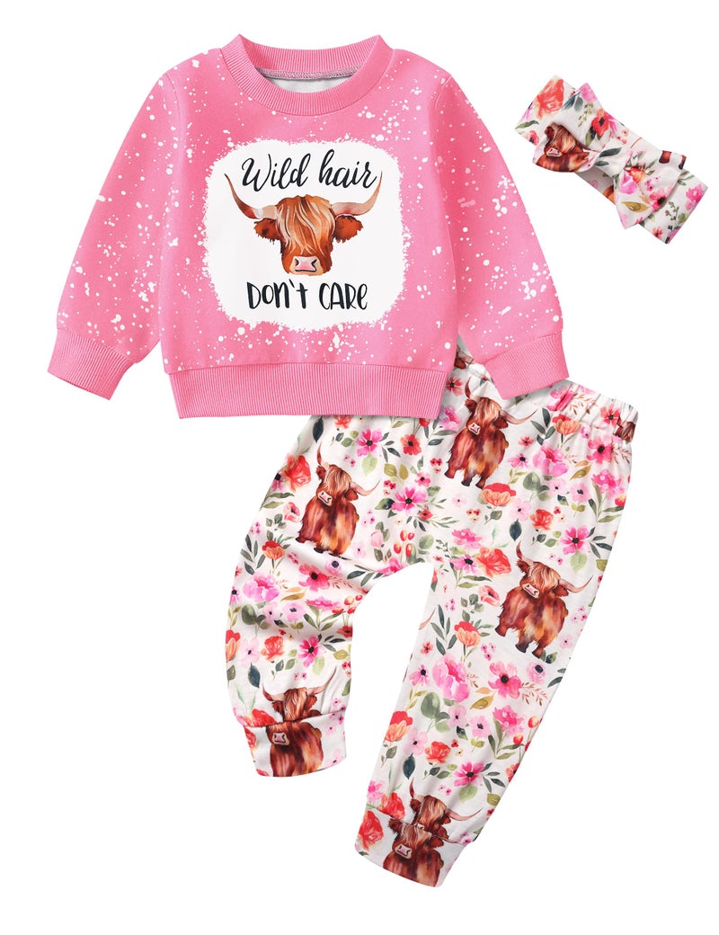 ADIFUN Baby Girl Clothes 1824 Months Girl Clothing Fall Winter Outfits Wild Hair Dont Care Highland Cow Pink Sweatshirt Flower Pants Western Cowgirl Outfit - Image 2