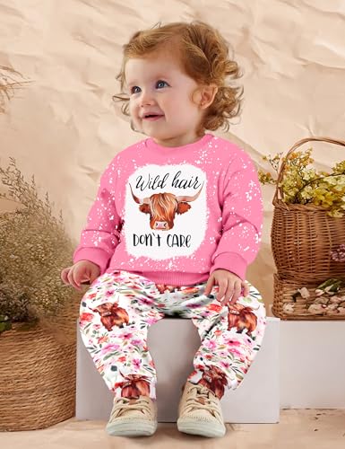 ADIFUN Baby Girl Clothes 1824 Months Girl Clothing Fall Winter Outfits Wild Hair Dont Care Highland Cow Pink Sweatshirt Flower Pants Western Cowgirl Outfit - Image 3