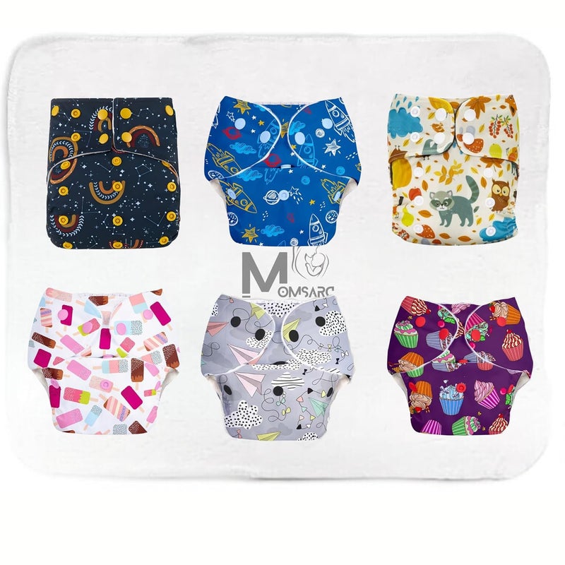 MOMSARC Leakage-Proof Reusable Cloth Diapers for Babies | High-Absorbent Diapers with Bamboo Cotton + 6 Insert Pads | Washable, Adjustable, Free Size | Eco-Friendly Baby Nappies (Combo Pack 6) - Image 1