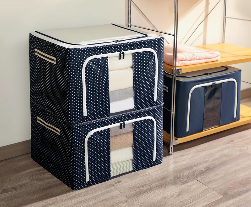 TRIVYOM 66 Litre Clothes Storage Box with Zip Wardrobe Saree Shirts and Blankets Bags Foldable Steel Frame Clothes Organizer Bins Front Clear Window Side Handles Pack of 1 Oxford Fabric - Image 1