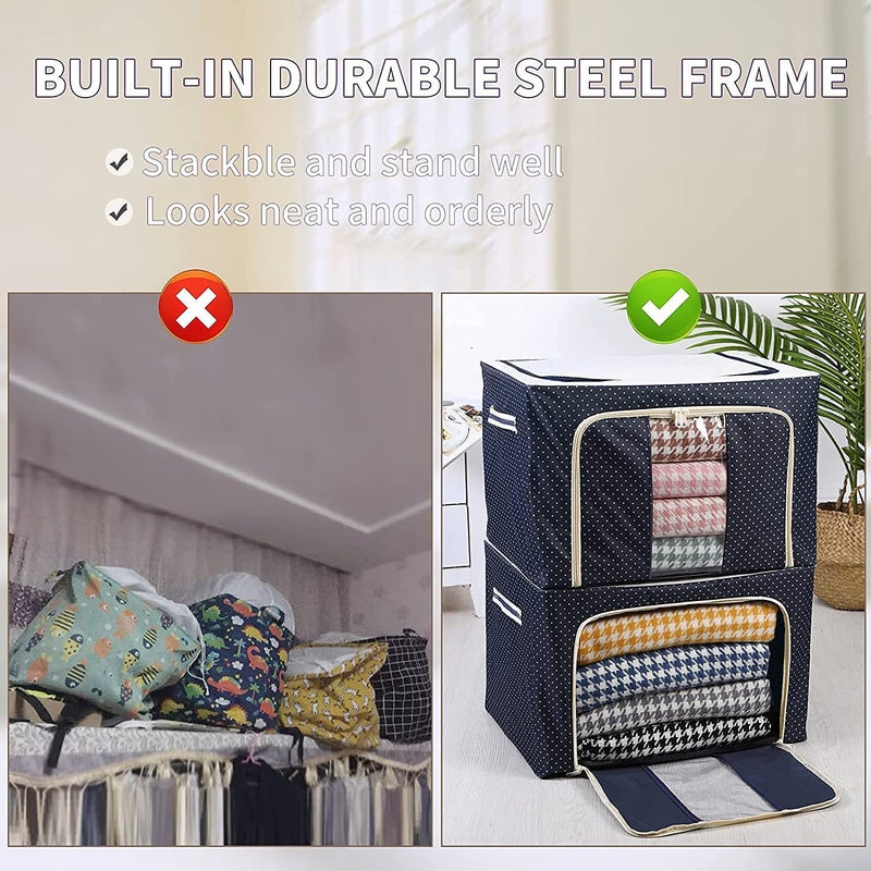 TRIVYOM 66 Litre Clothes Storage Box with Zip Wardrobe Saree Shirts and Blankets Bags Foldable Steel Frame Clothes Organizer Bins Front Clear Window Side Handles Pack of 1 Oxford Fabric - Image 4