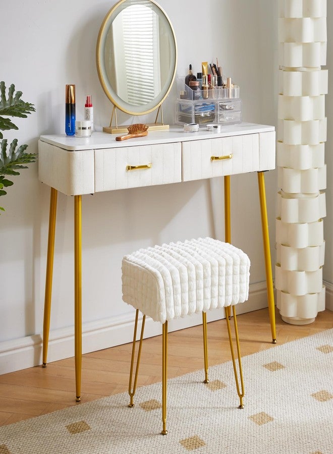 IBUYKE Rectangular Footrest Stool Ottoman, Makeup Vanity Stool Side Table, Velvet Dressing Table Seat, Pouf Couch Stool, Golden Steel Legs, Square Grid Pattern, White WBD003W - Image 3