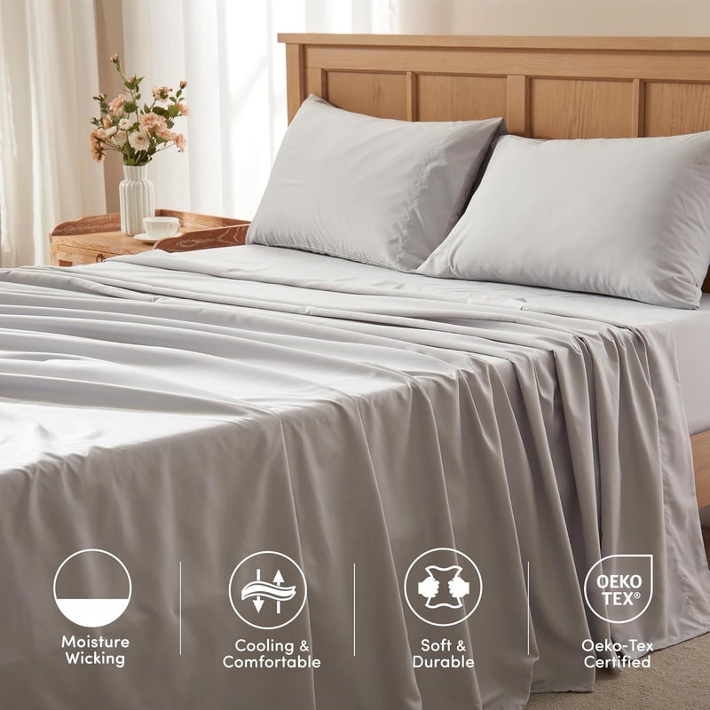 Comfort Spaces Queen Cooling Sheets, Moisture Wicking Coolmax Sheets, Soft, Colorfast Sheet Set, Cooling Bed Sheets For Hot Sleepers, Elastic Deep Pocket Fits Up to 16" Mattress, Queen Grey 4 Piece - Image 5