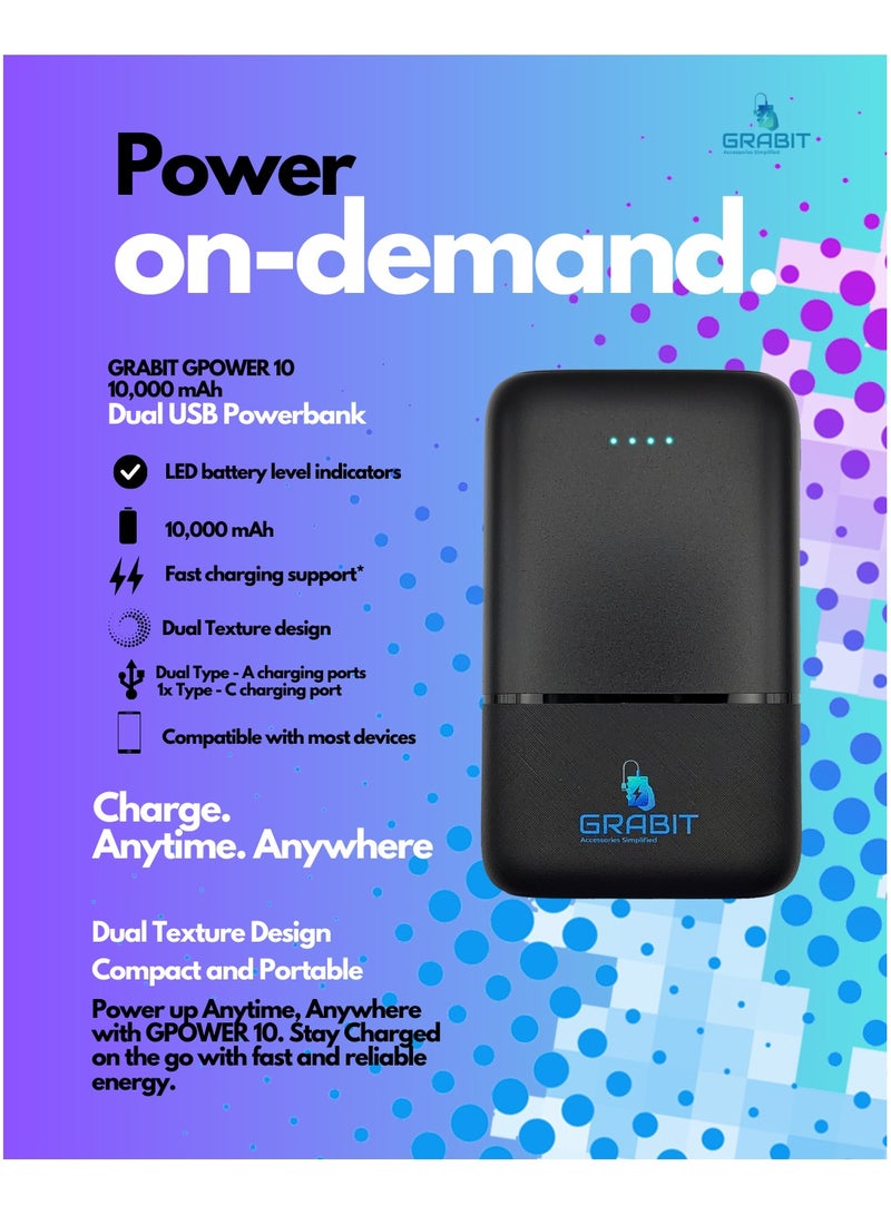 GRABIT 10000mAh Power Bank – Fast Charging, Dual USB & Type-C, Compact & Travel-Friendly  - Image 2