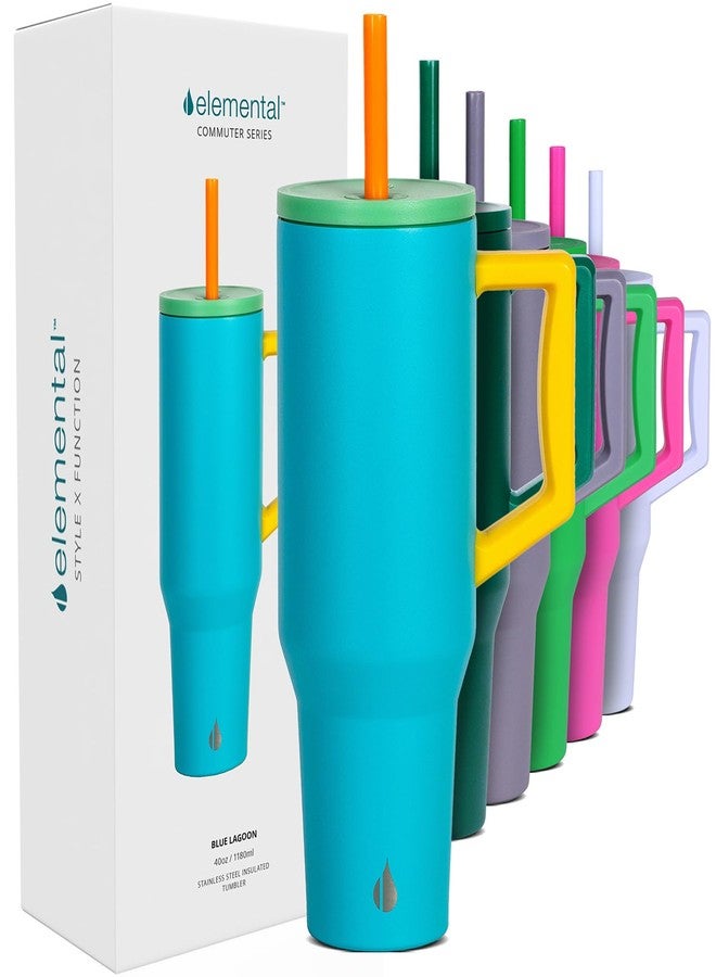 Elemental 40 oz Tumbler with Handle and Straw - Spill Proof Insulated Stainless Steel Commuter for Hot and Cold Beverages - Travel Coffee Mug with 2 Straws & Spill Proof Lid - 40oz - Blue Lagoon - Image 1