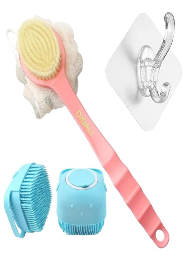 DIGALI ENTERPRISE DIGALI Bath Brush Set of 3 – Long Handle Soft Bristle Body Brush + Silicone Body Scrubber + Wall Hook – Back Scrubber for Shower, Deep Cleansing & Exfoliating Bath Brush for Men & Women (Multi Color) (pink) - Image 1